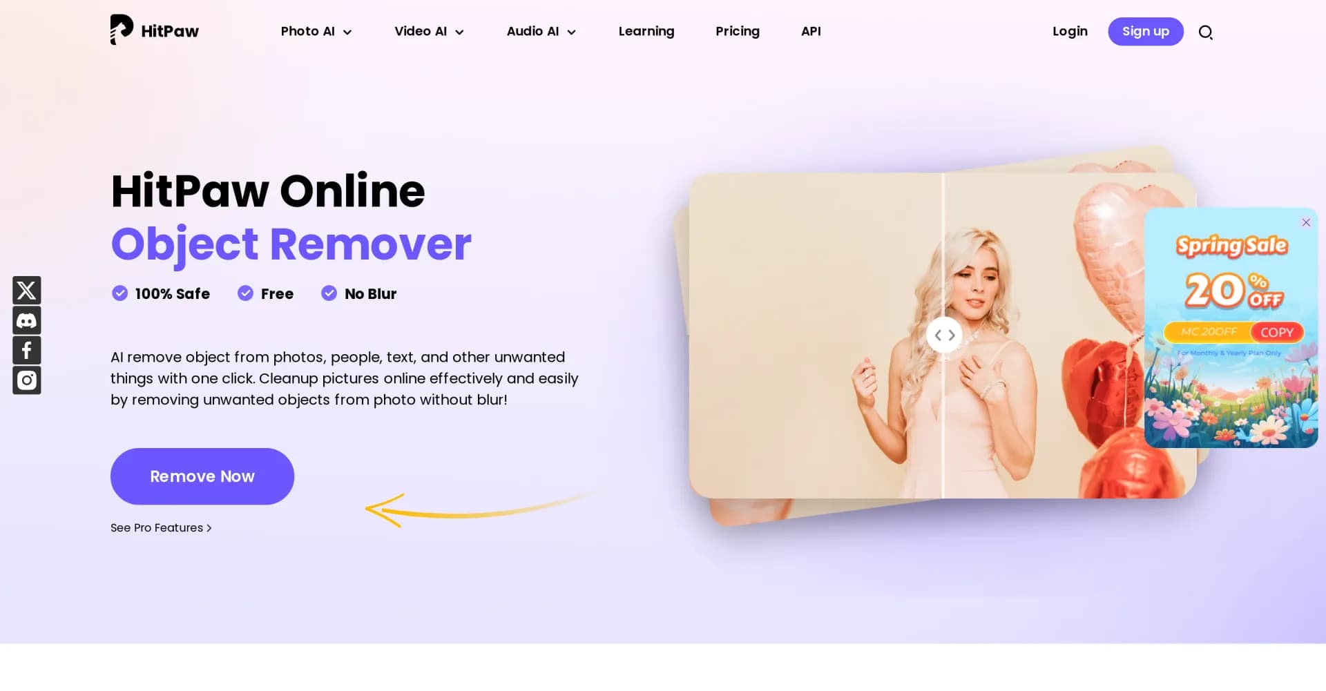 Object removing by HitPaw homepage screenshot — Effortlessly remove objects from photos online.