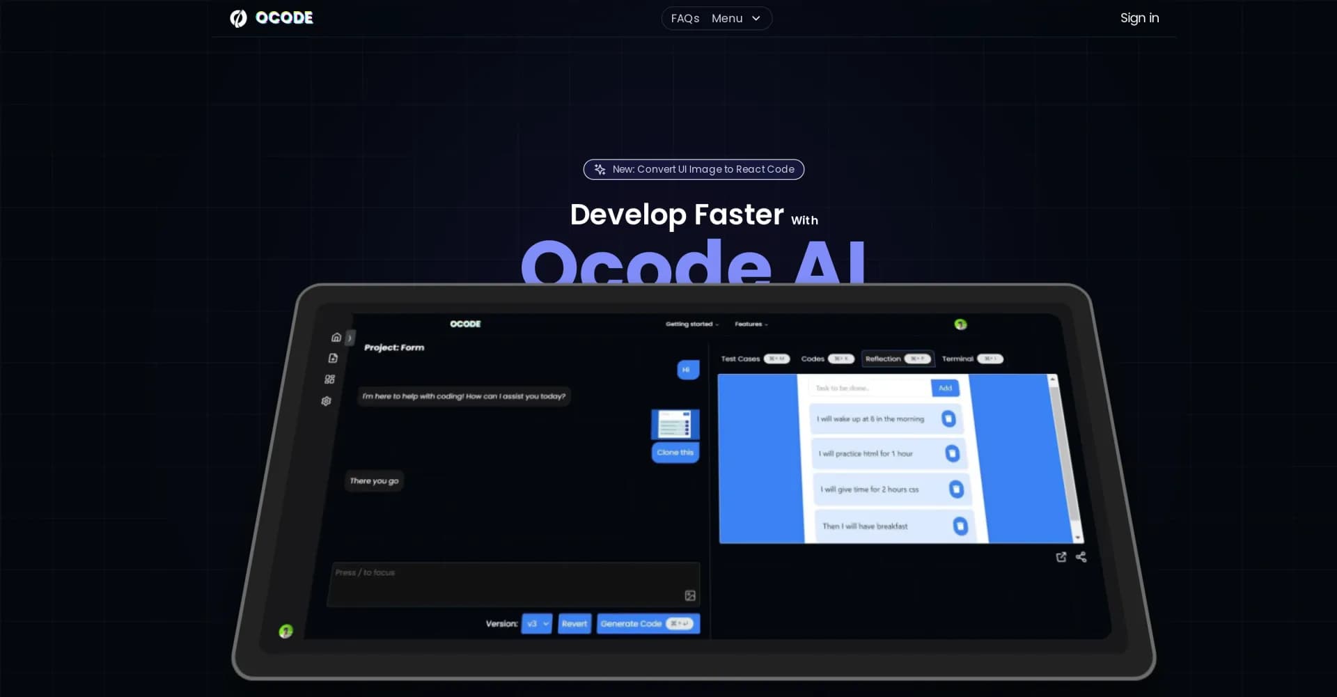 OCode homepage screenshot — Turn images into code instantly