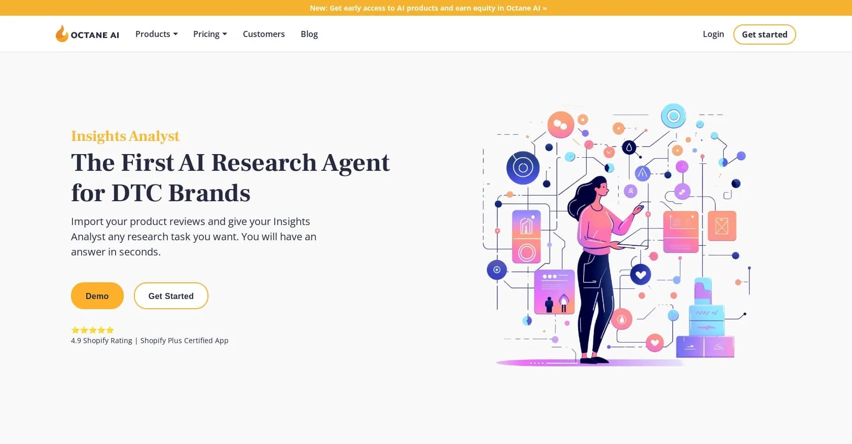 Octane AI homepage screenshot — AI Research Agent for DTC Brands