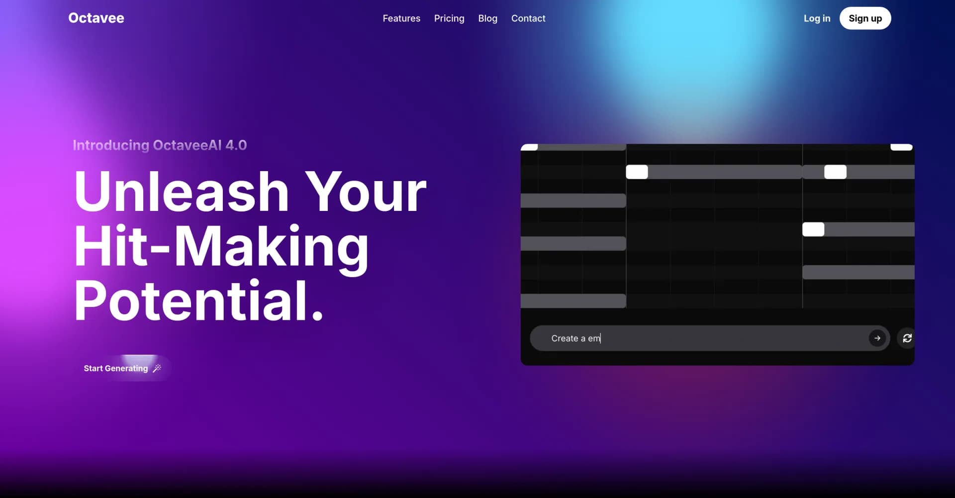 Octavee homepage screenshot — AI-powered MIDI generator for hit-making musicians