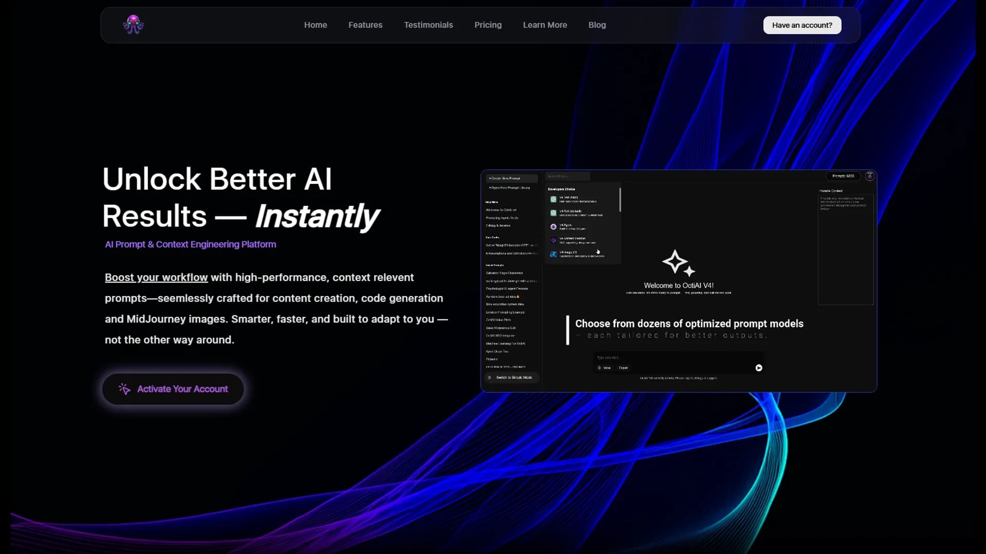 OctiAI Prompts homepage screenshot — No Effort Personalized Prompt Generation for ChatGPT, Midjou