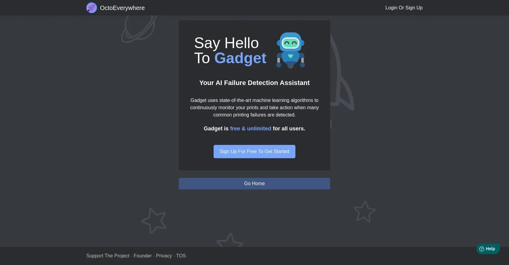 Octoeverywhere homepage screenshot — Auto-detect 3D printing failures with AI vision