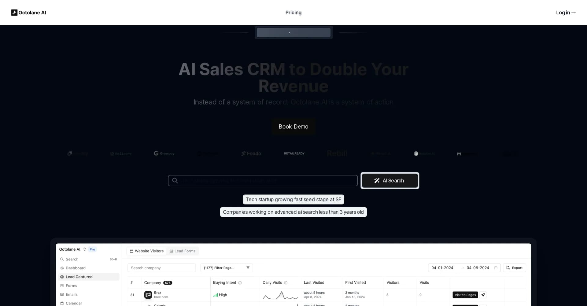 Octolane AI homepage screenshot — AI sales CRM that doubles your revenue