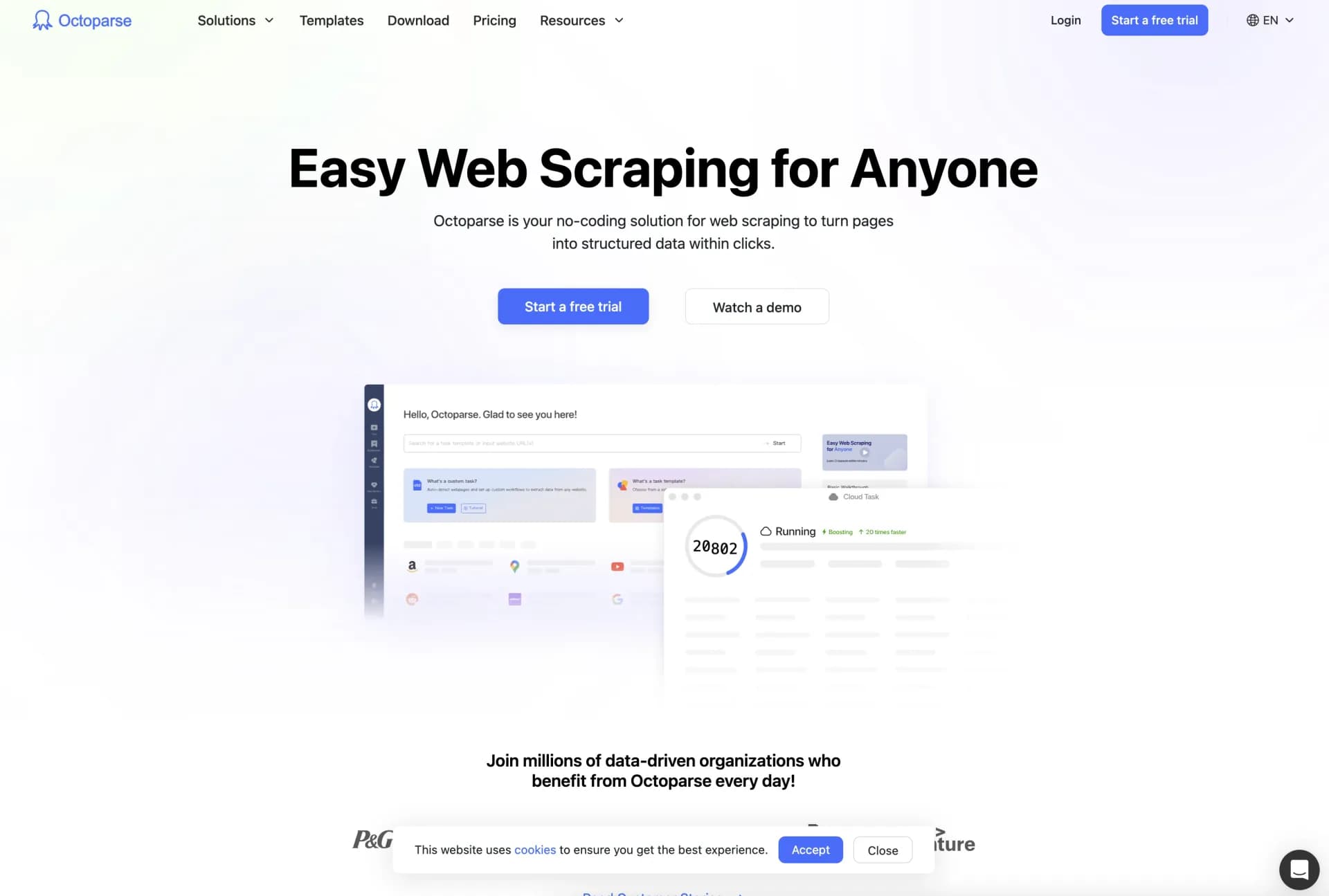Octoparse homepage screenshot — Turn web pages into structured data with clicks