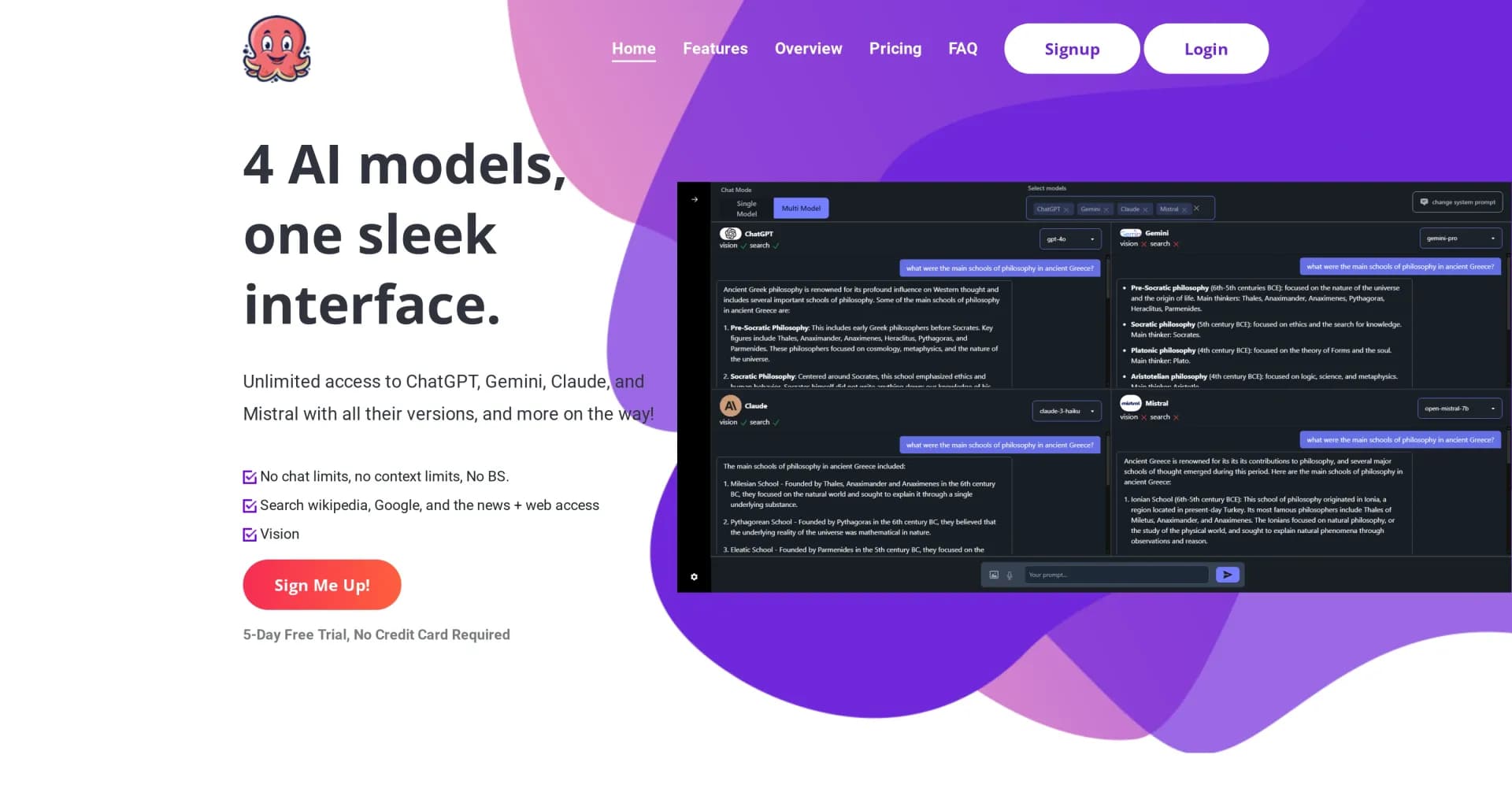 OctopusAI homepage screenshot — One interface for multiple AI models