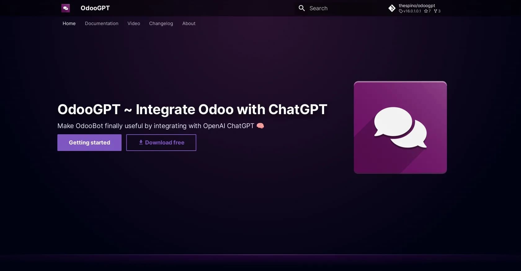 OdooGPT homepage screenshot — Make OdooBot intelligent with ChatGPT integration.