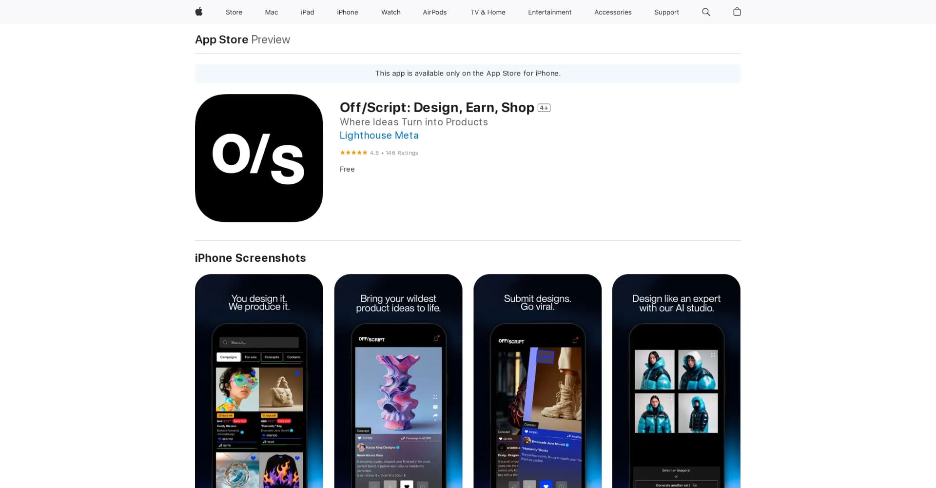 Off/Script homepage screenshot — Design, Earn, Shop on your Apple devices.