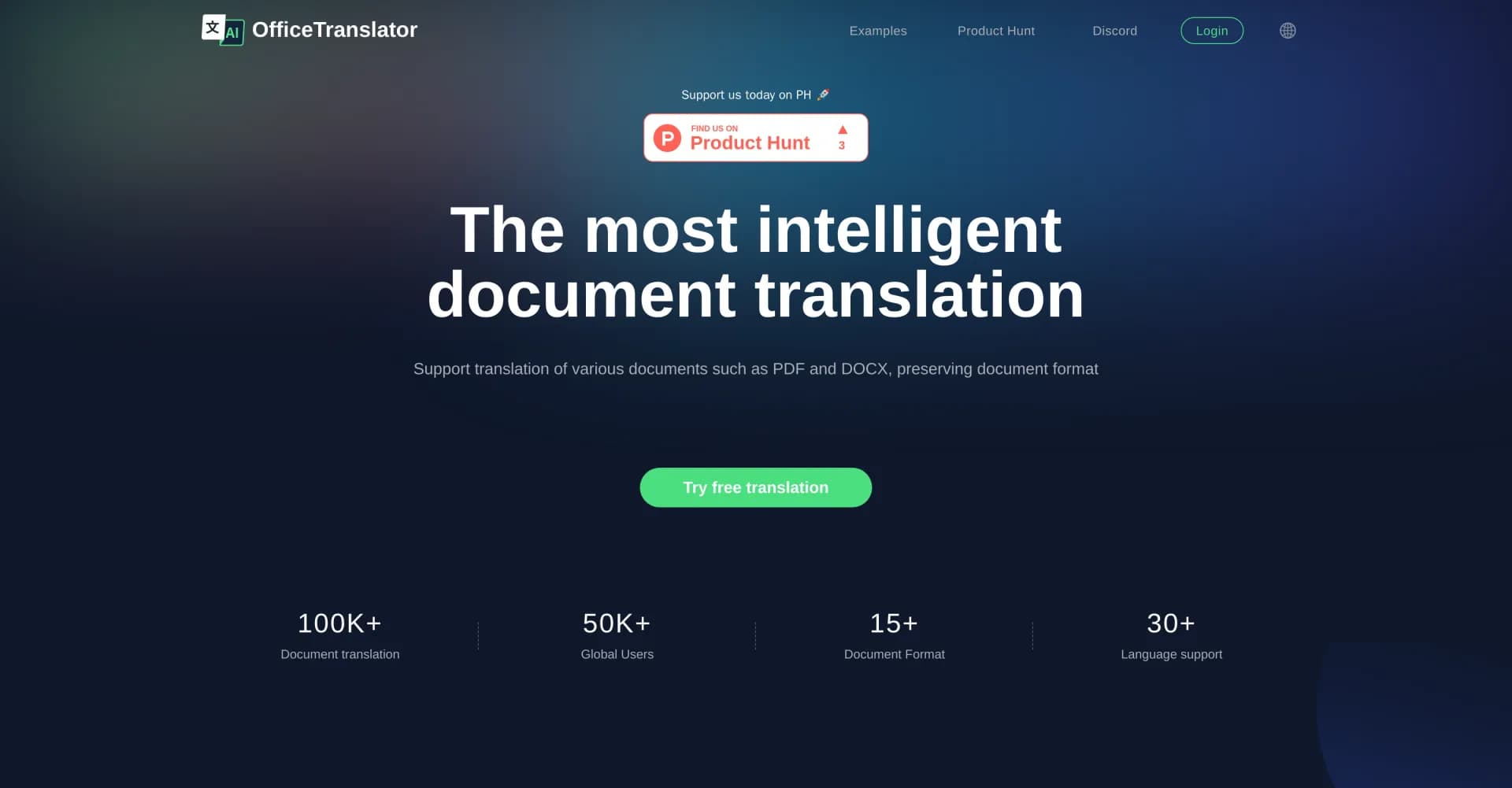 Office Translator homepage screenshot — Intelligent AI document translation, preserving format.