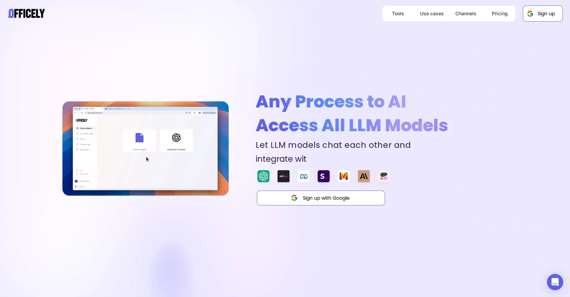 Officely AI homepage screenshot — AI-powered process automation with LLM model integration.