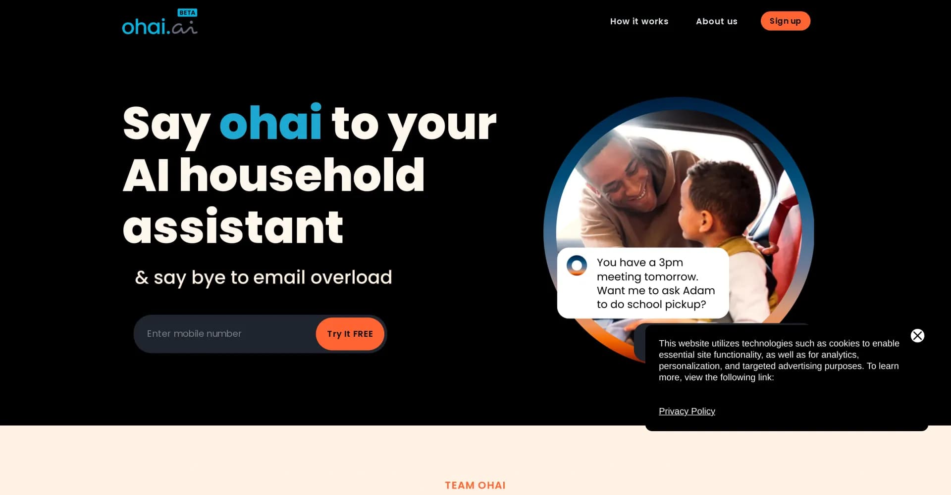 Ohai.ai homepage screenshot — AI household assistant that lightens your mental load