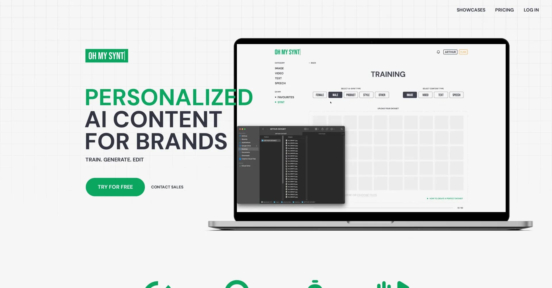 Ohmysynt homepage screenshot — Generate personalized AI content for brands at scale.