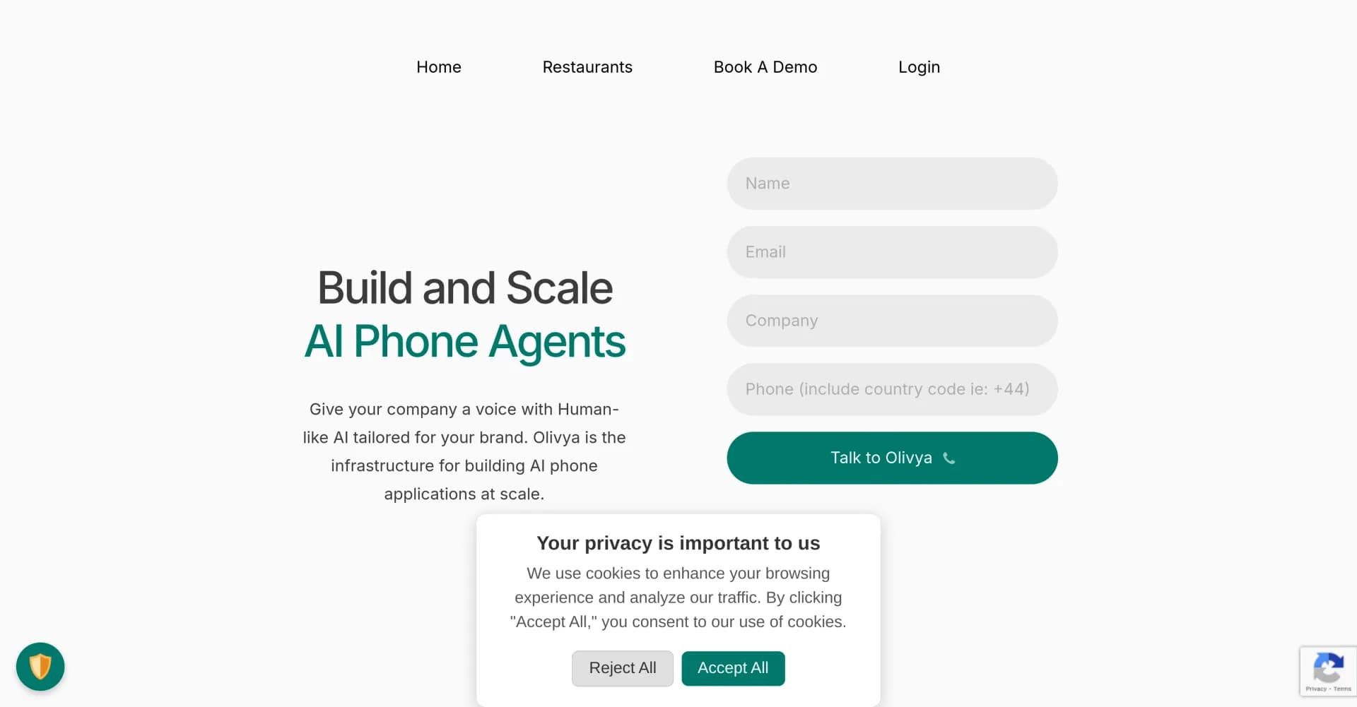 Olivya homepage screenshot — Build AI phone agents that speak for your brand