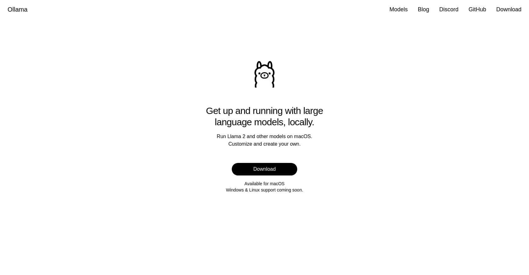 Ollama homepage screenshot — Run powerful AI models locally on your machine.