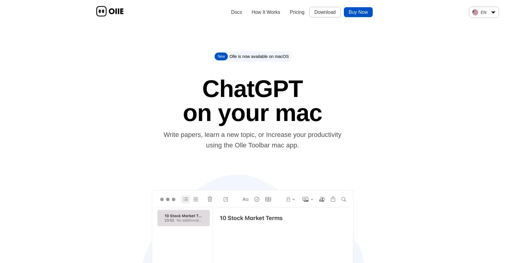 Olle homepage screenshot — Desktop toolbar AI: Answers, writes, accesses everywhere.