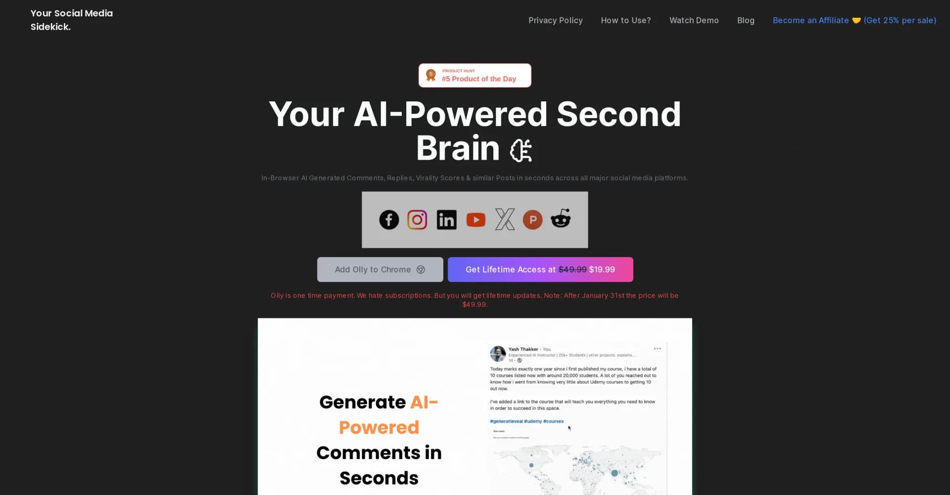 Olly Social homepage screenshot — AI-powered social media assistant for viral engagement.