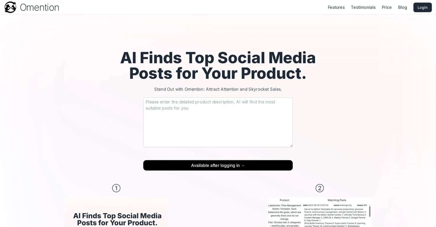 Omention homepage screenshot — AI finds top social media posts for your product.