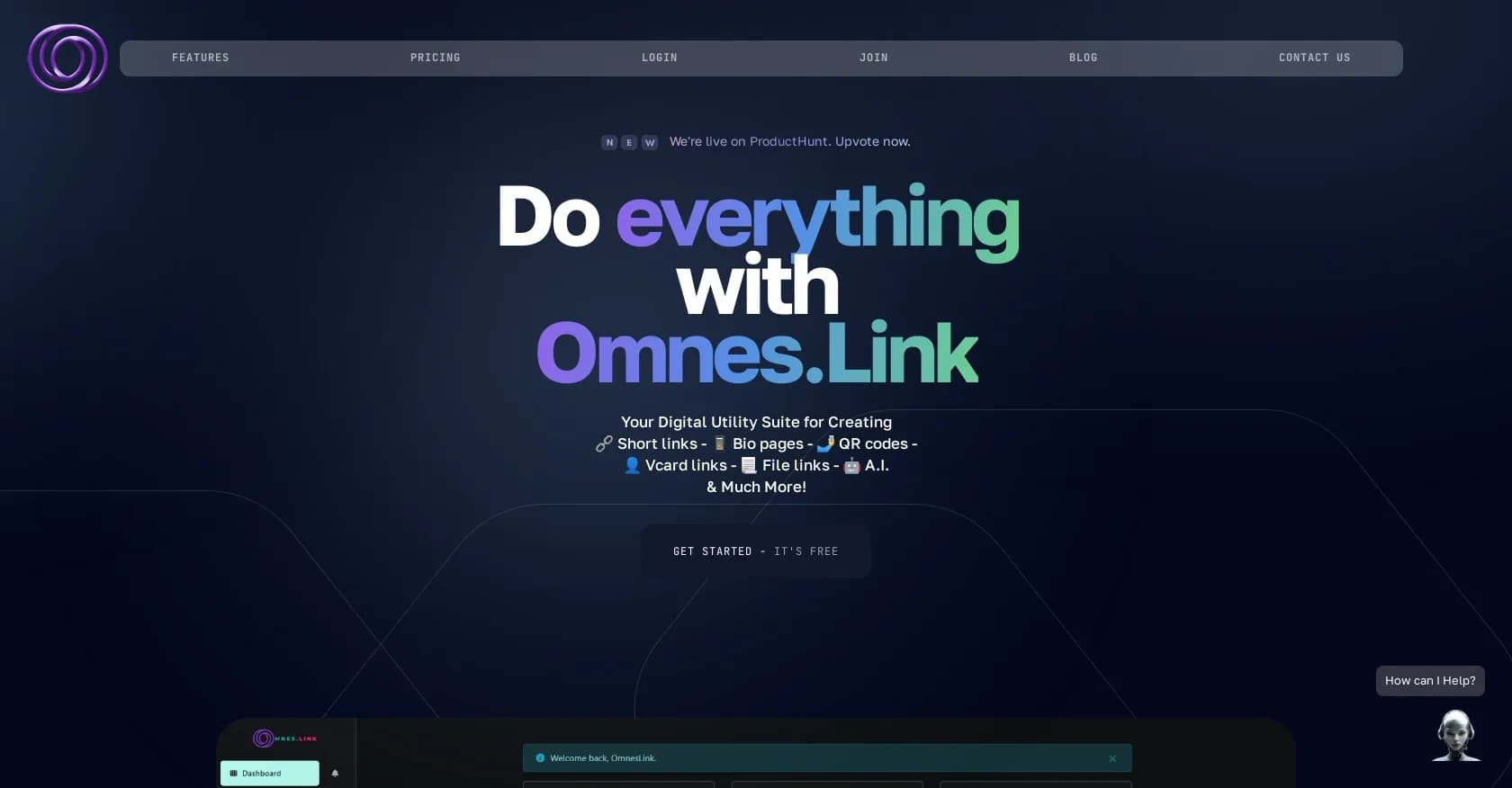 OmnesLink homepage screenshot — Your digital Swiss Army knife for online presence