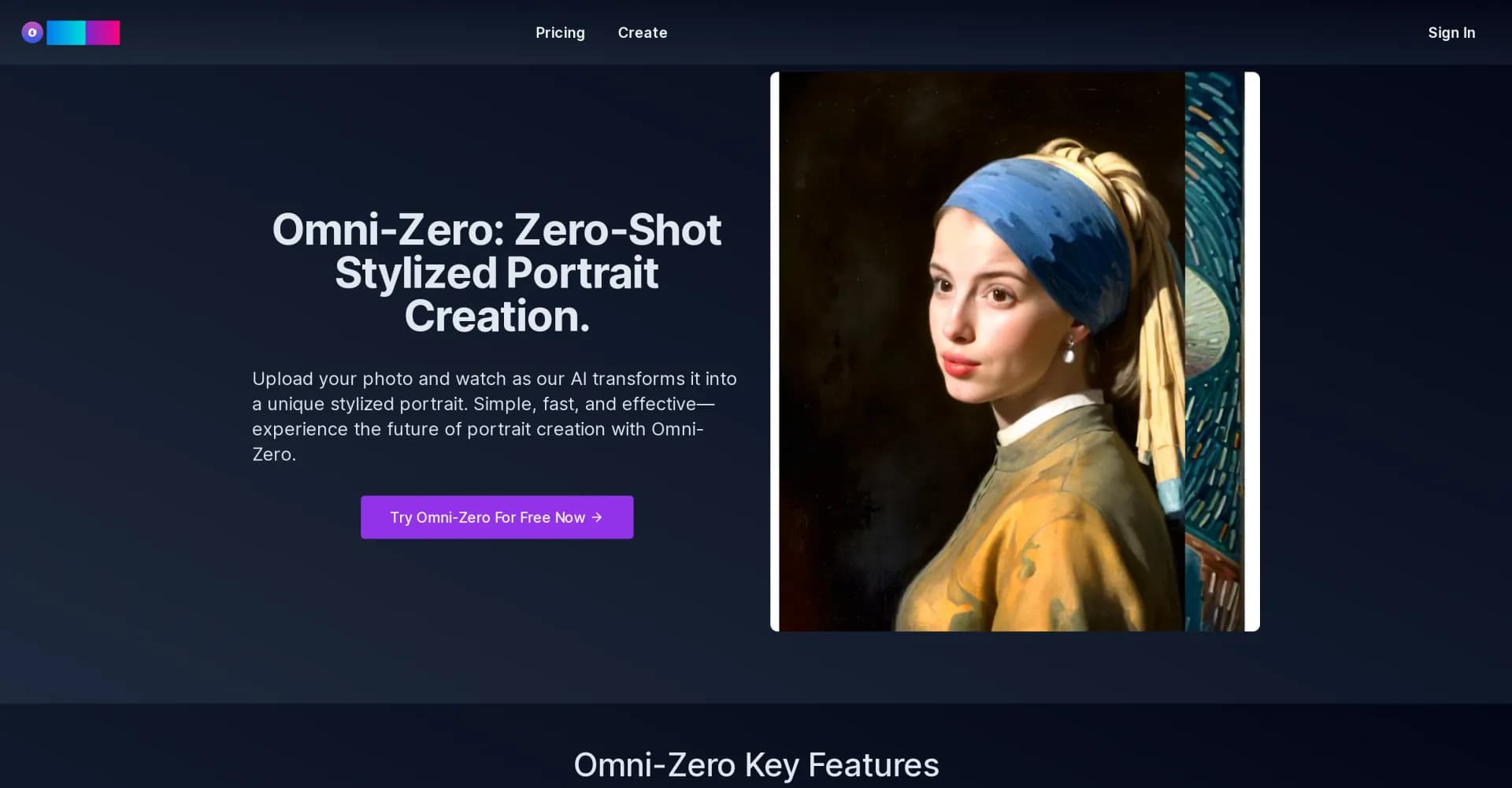 Omni-Zero homepage screenshot — Transform photos into stylized portraits instantly.