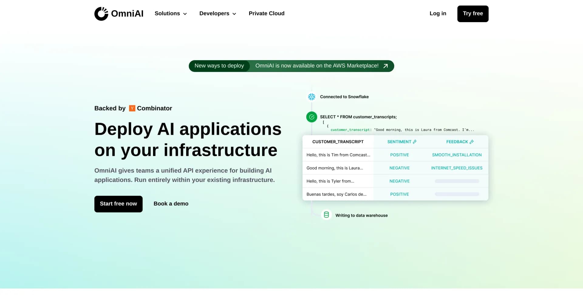 OmniAI homepage screenshot — Unified API for AI apps on your infrastructure