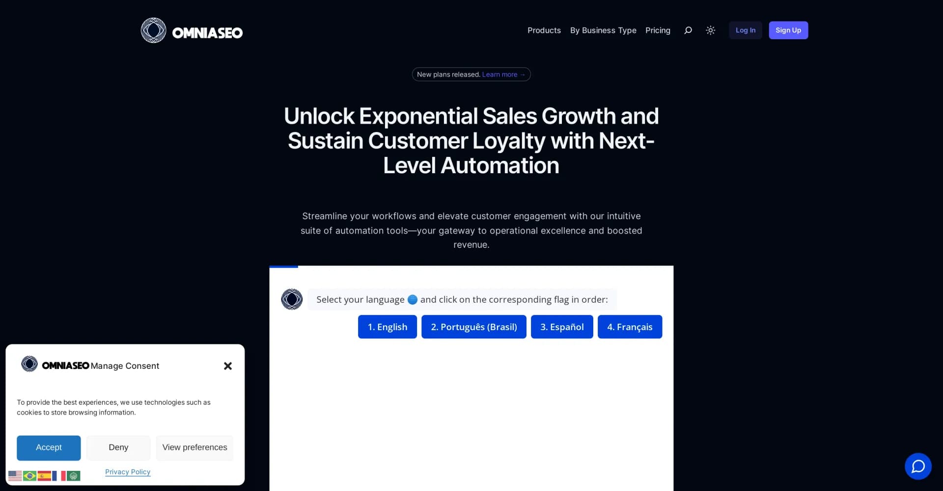 Omniaseo homepage screenshot — Unlock sales growth with next-level automation.