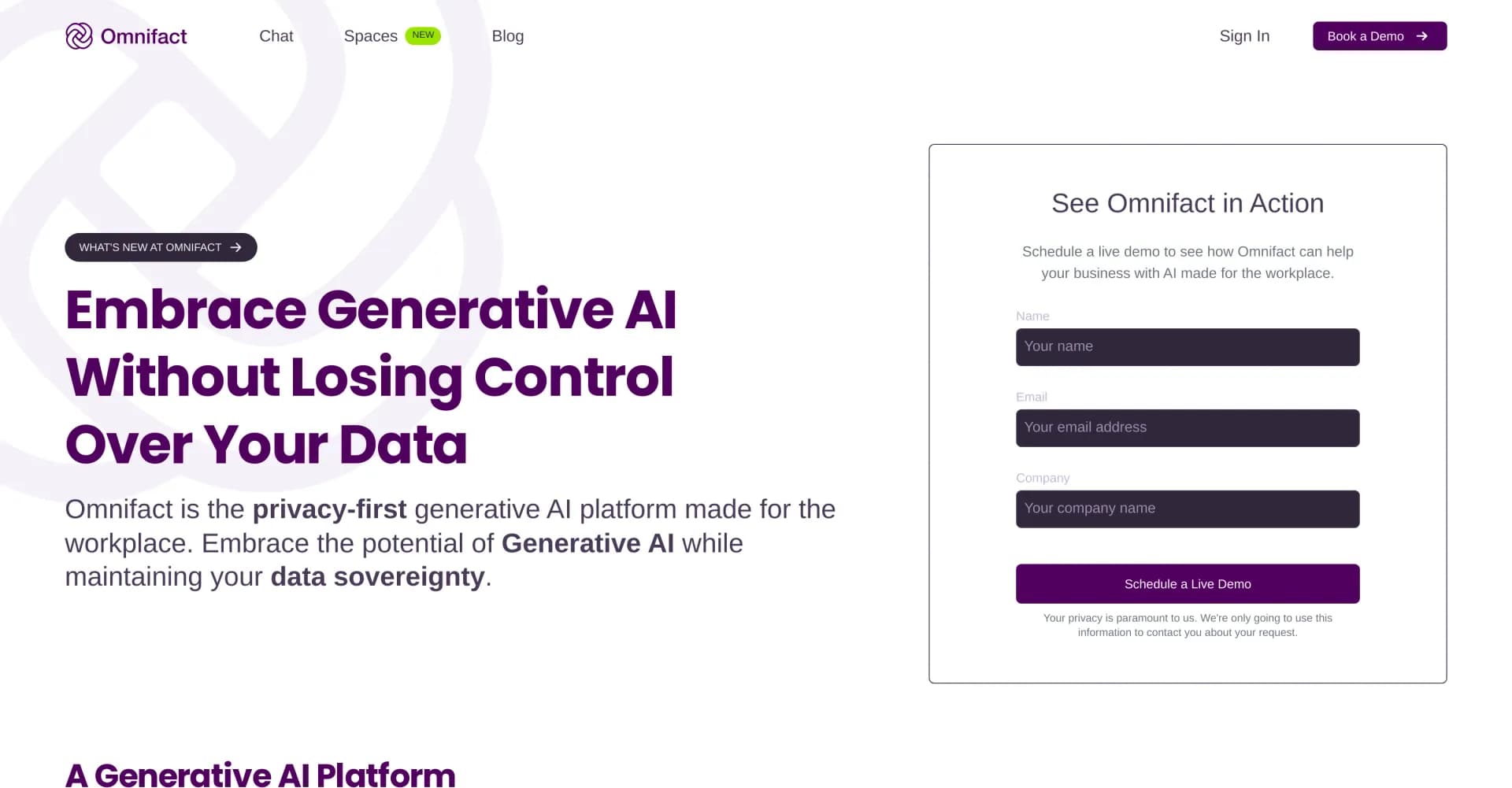 Omnifact homepage screenshot — Privacy-first AI for workplace data sovereignty
