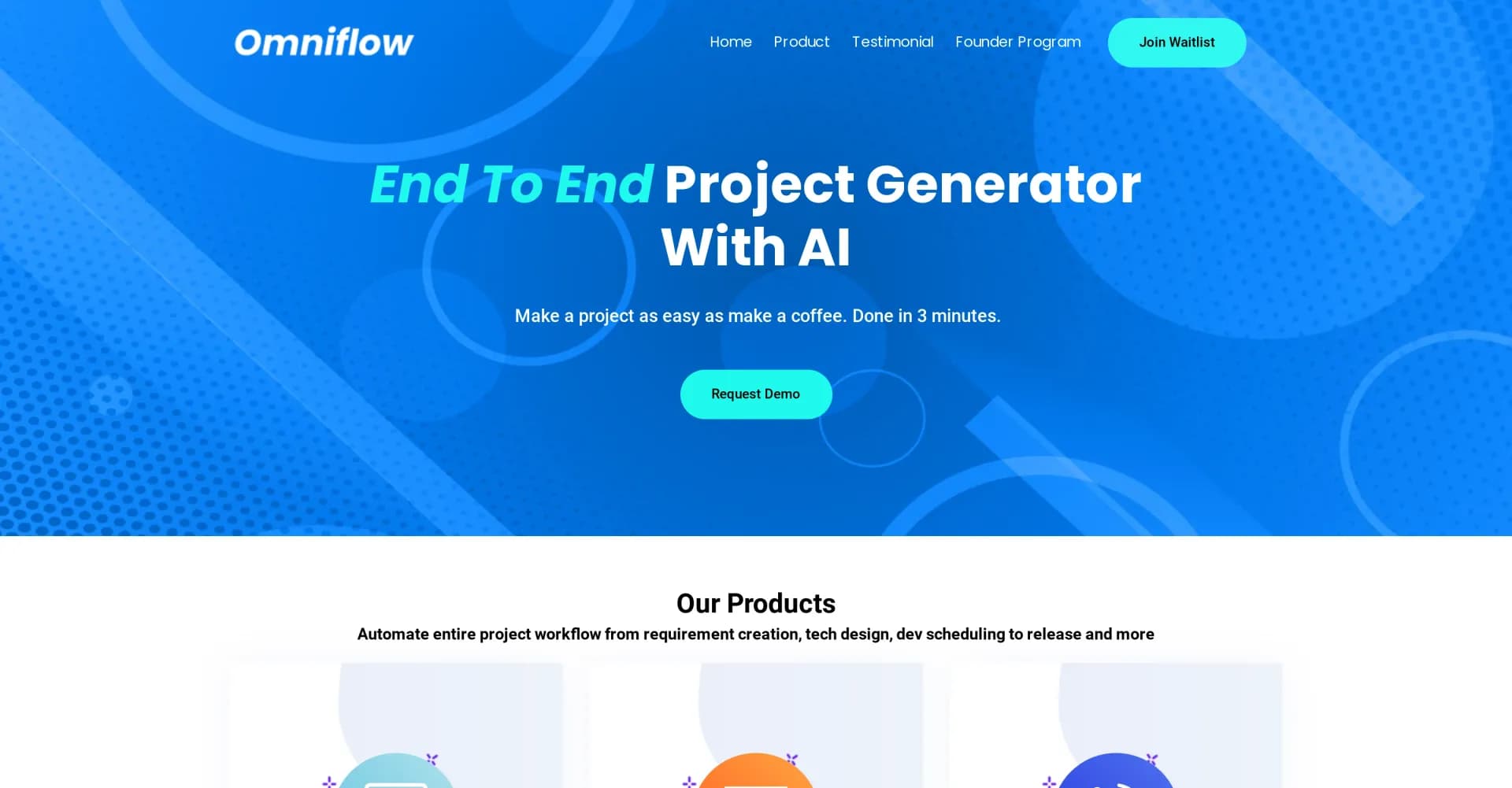 Omniflow homepage screenshot — Generate end-to-end projects with AI in minutes.