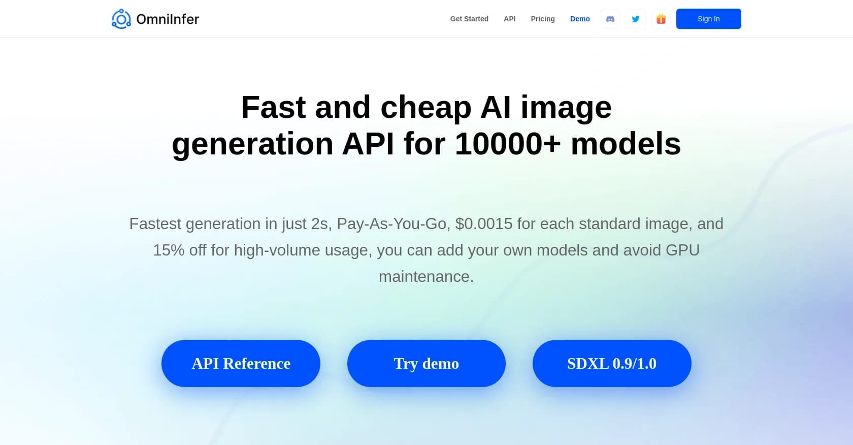 OmniInfer homepage screenshot — Fast, cheap AI image generation API for 10000+ models.