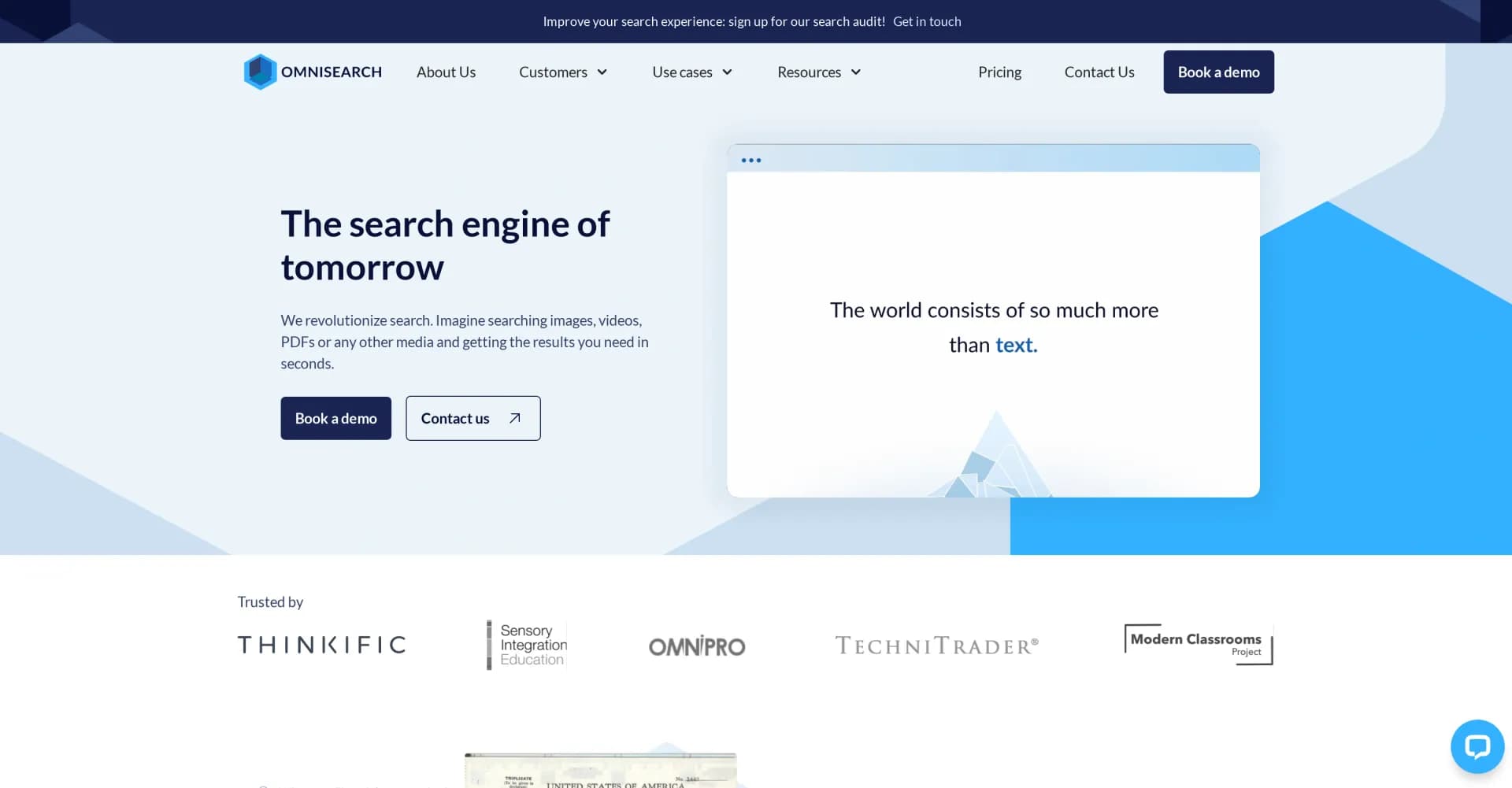 Omnisearch homepage screenshot — Search any content, from audio to PDFs, in seconds.
