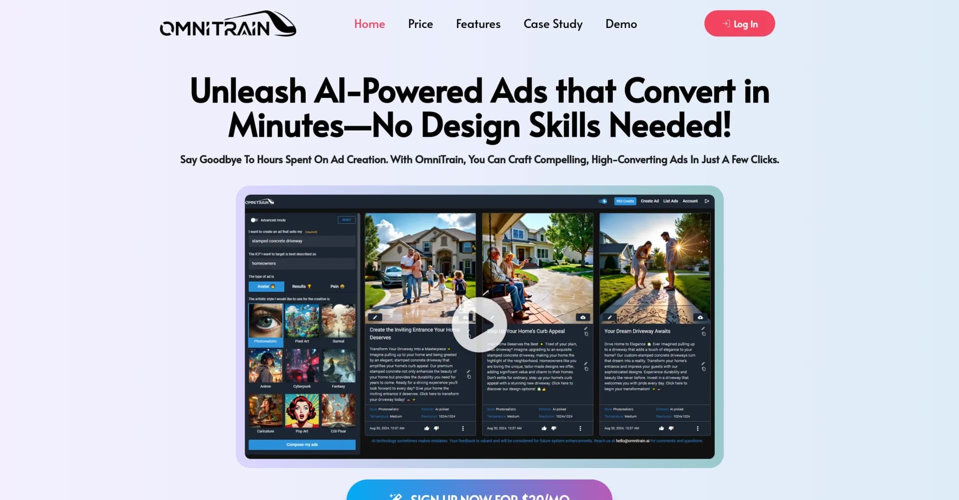 Omnitrain homepage screenshot — AI-powered ad creation for high conversions.