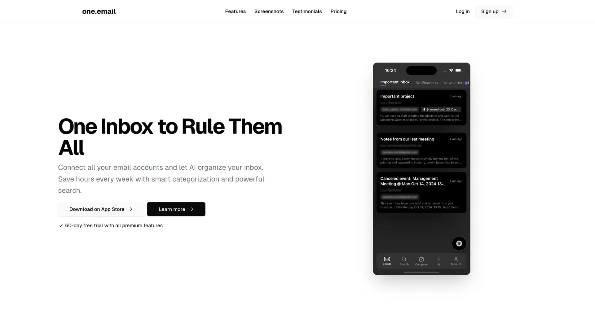 one.email homepage screenshot — Turn email chaos into clarity with AI
