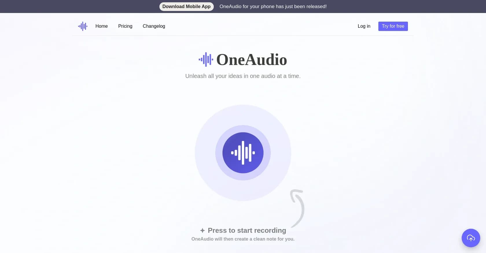 OneAudio homepage screenshot — Convert voice ideas into structured notes.