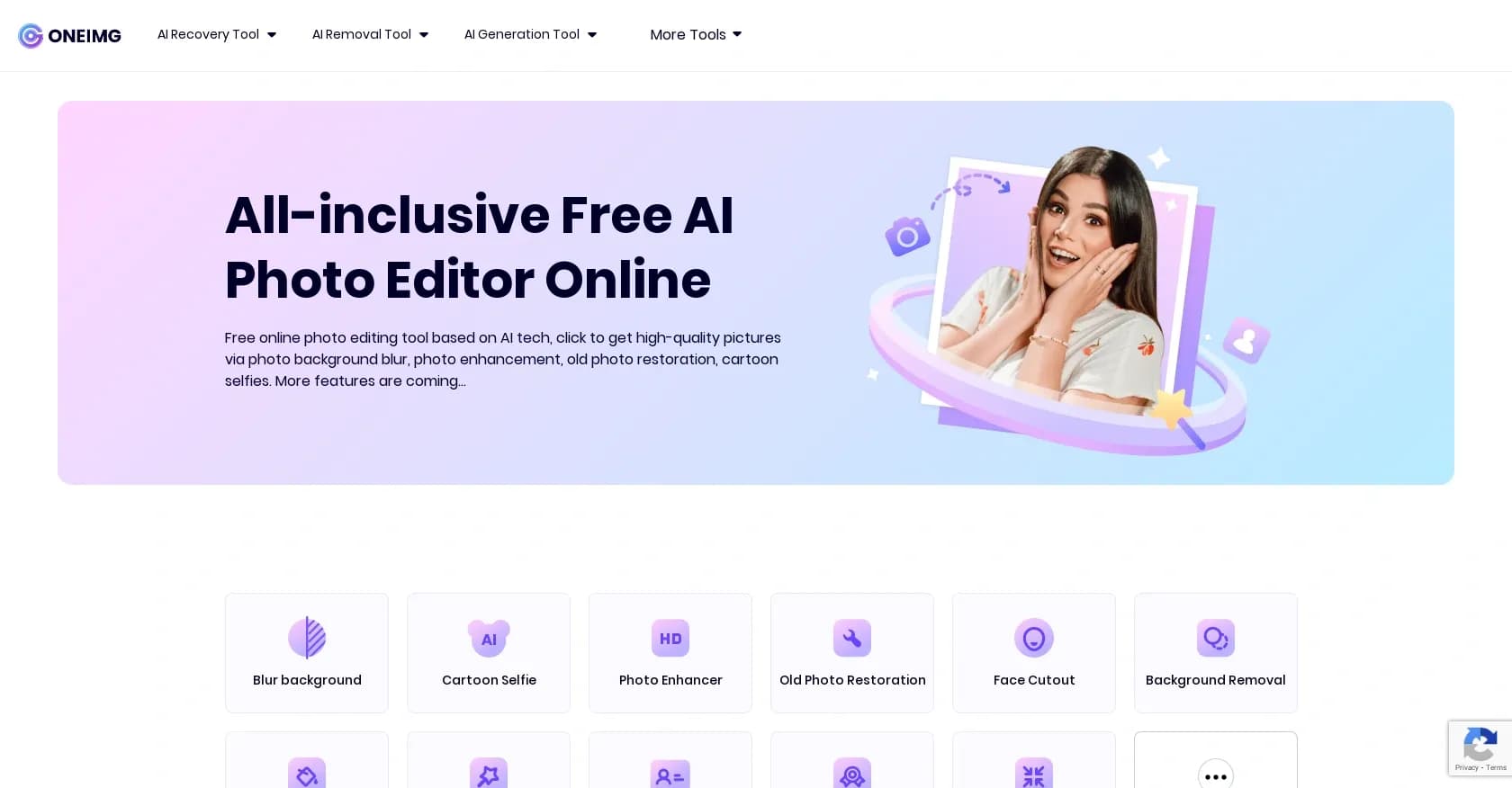 Oneimg homepage screenshot — Enhance photos with AI-powered editing tools.