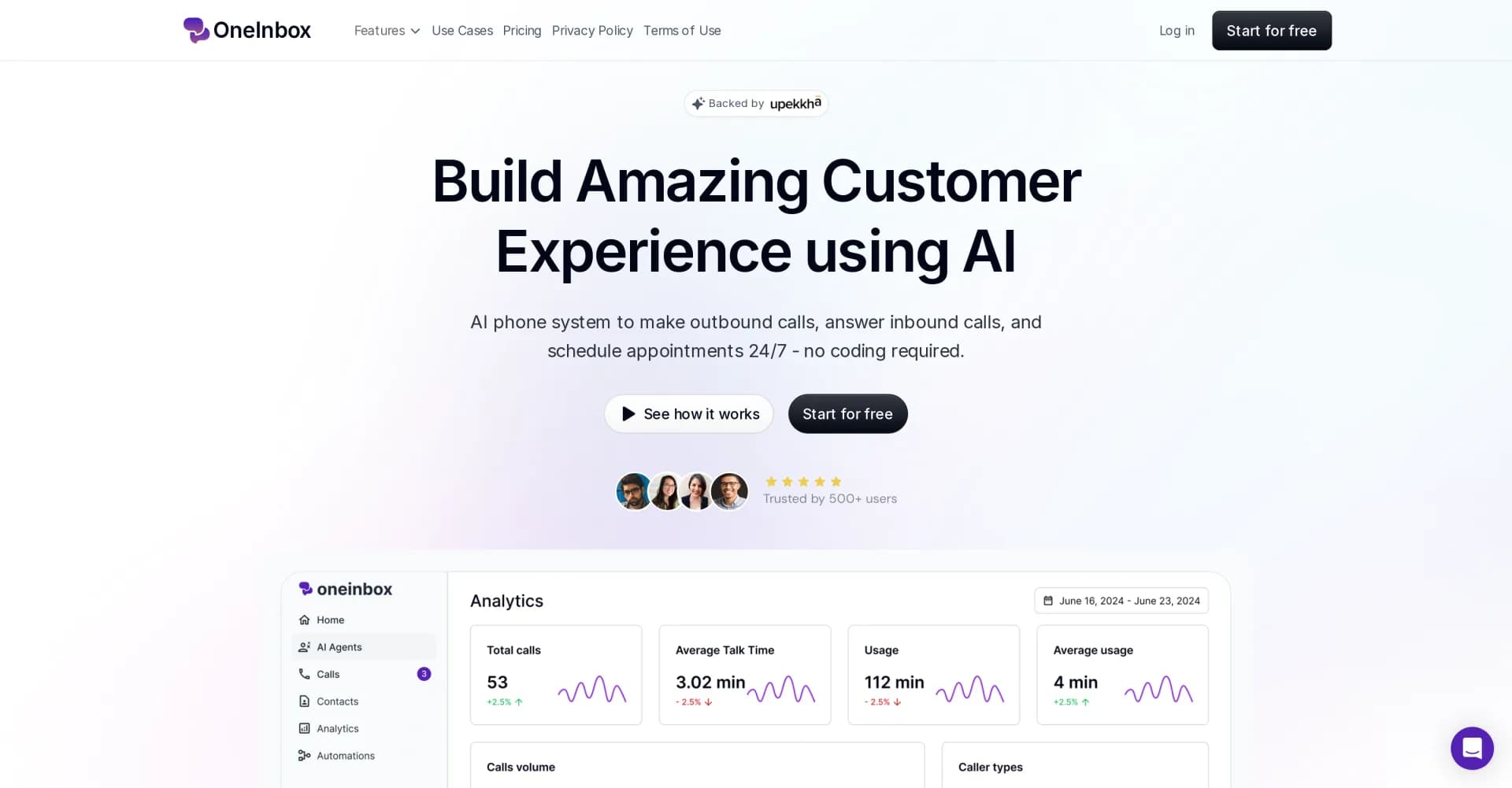 OneInbox homepage screenshot — AI phone system for 24/7 customer conversations.