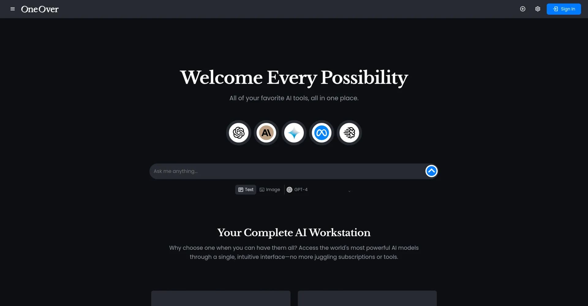 OneOver.com homepage screenshot — All your favorite AI tools, unified.