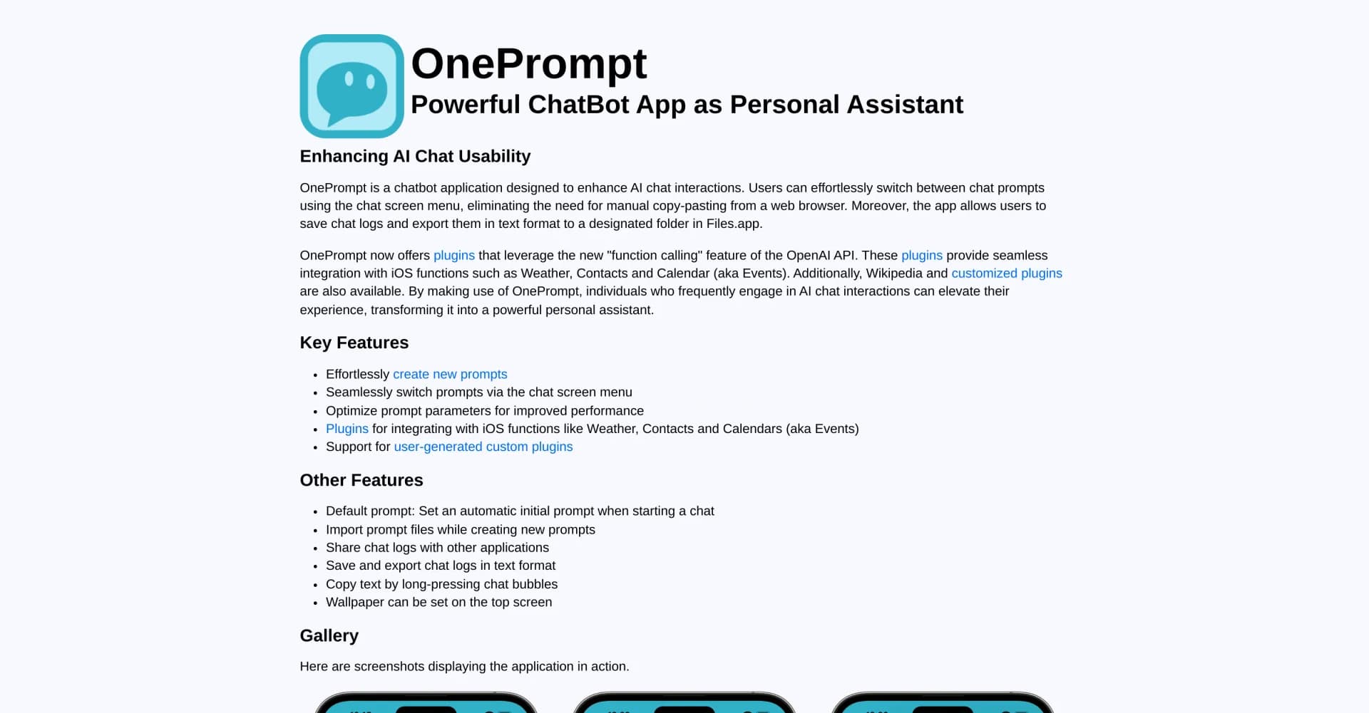 OnePrompt homepage screenshot — Enhance AI chats with seamless prompt switching and iOS inte