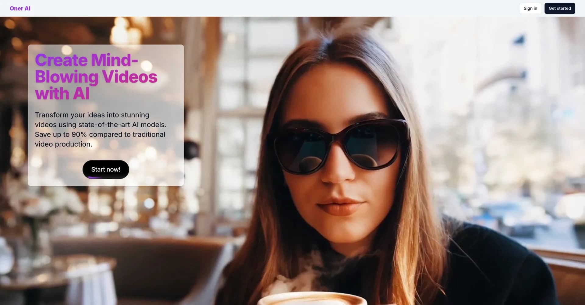 Oner AI homepage screenshot — Transform ideas into stunning AI-generated videos.