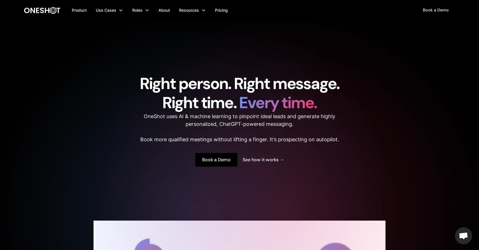 OneShot homepage screenshot — AI-powered prospecting that pinpoints ideal leads.
