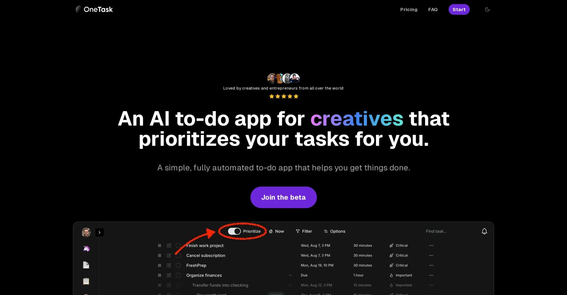 OneTask homepage screenshot — AI to-do app that prioritizes tasks for creatives