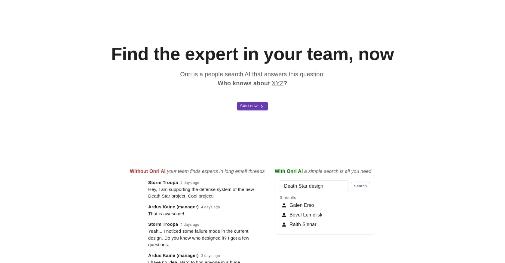 Onri homepage screenshot — Find the expert in your team instantly.