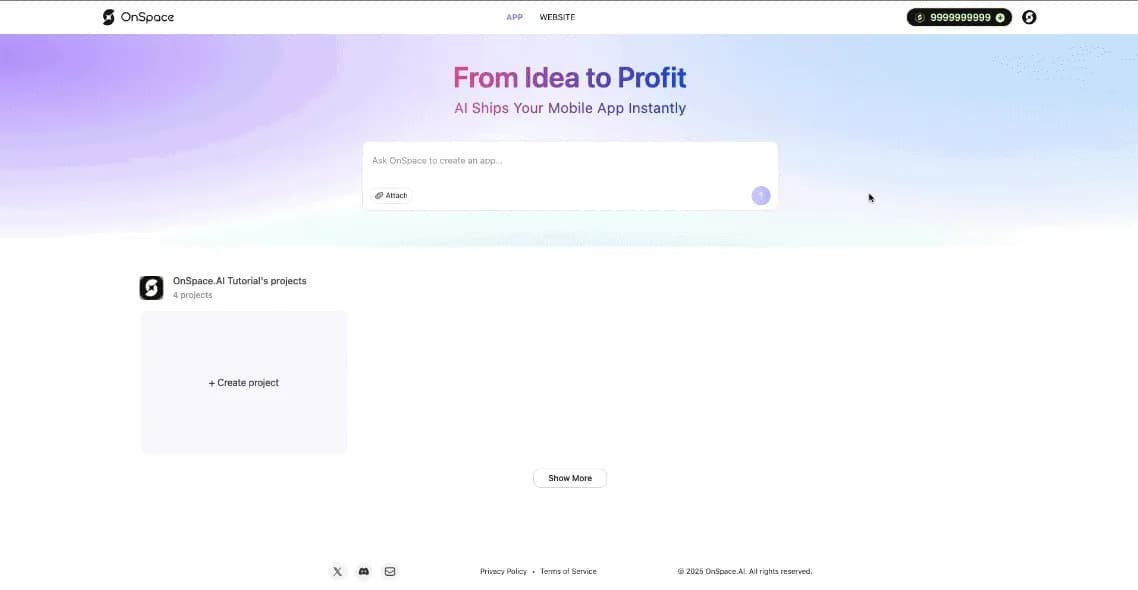 OnSpace.AIv1.2.0 homepage screenshot — Free AI app builder and ships your app instantly.