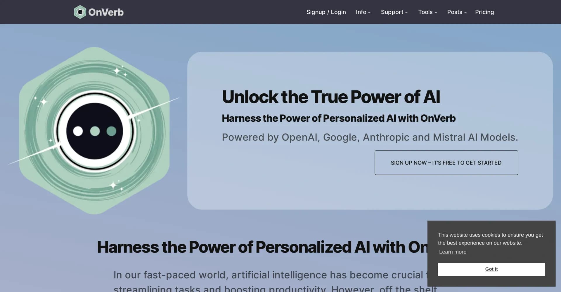 OnVerb homepage screenshot — Revolutionary content workflows through customizable AI.