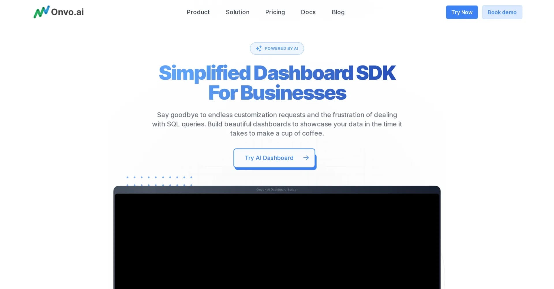 Onvo homepage screenshot — AI-powered dashboard SDK for effortless data visualization