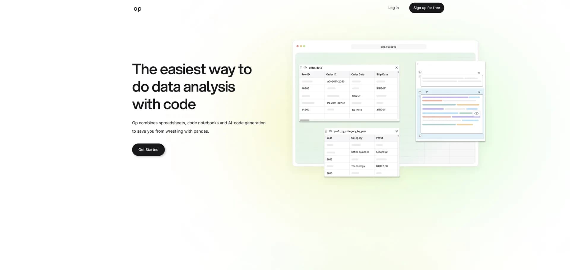 Op app homepage screenshot — Analyze data effortlessly with AI-powered code generation.