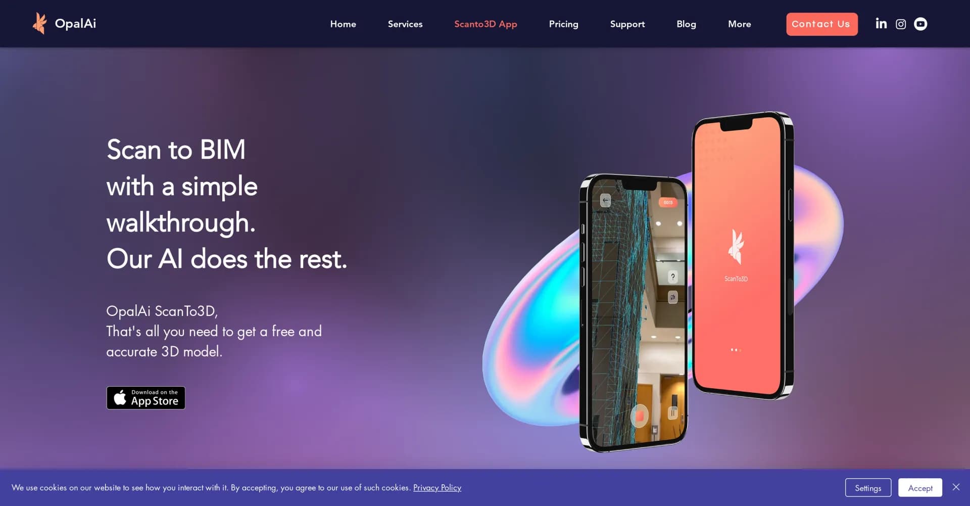 OpalAi homepage screenshot — Scan spaces into 3D models with a simple walkthrough.