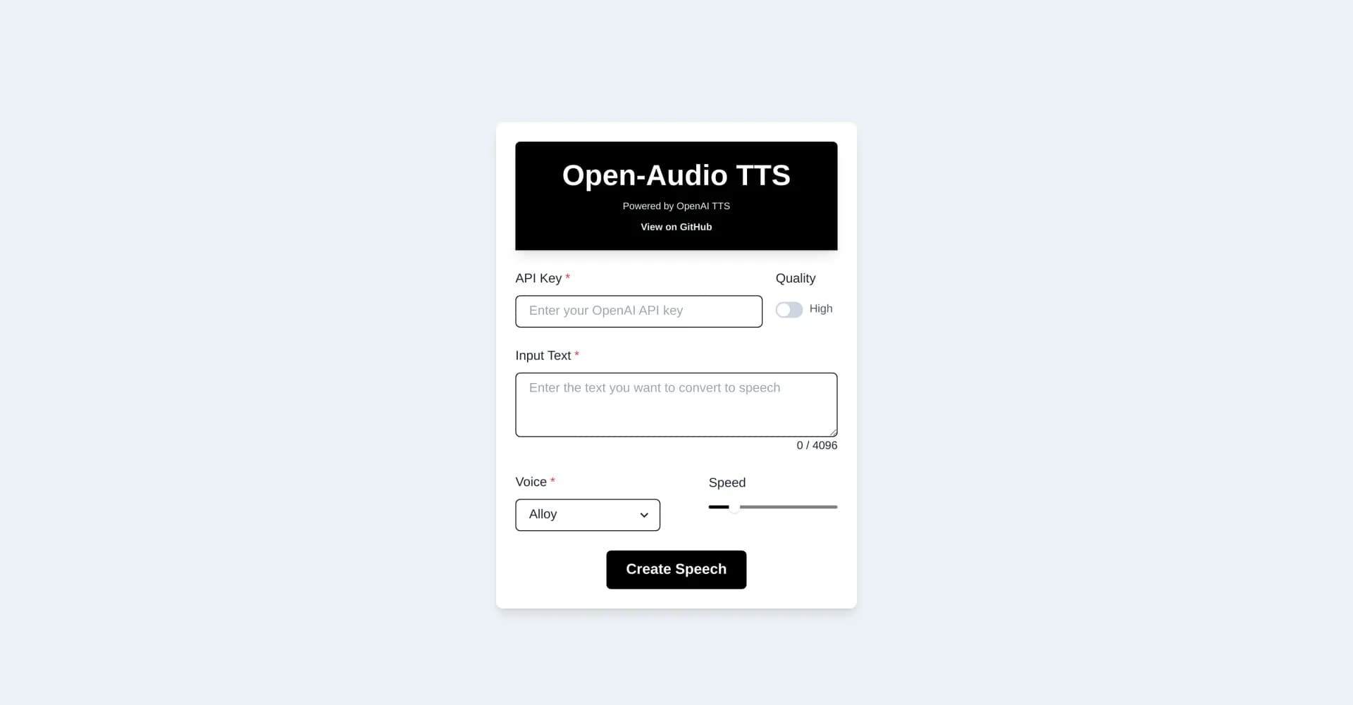 Open-Audio TTS homepage screenshot — Convert text to lifelike speech with OpenAI's power.