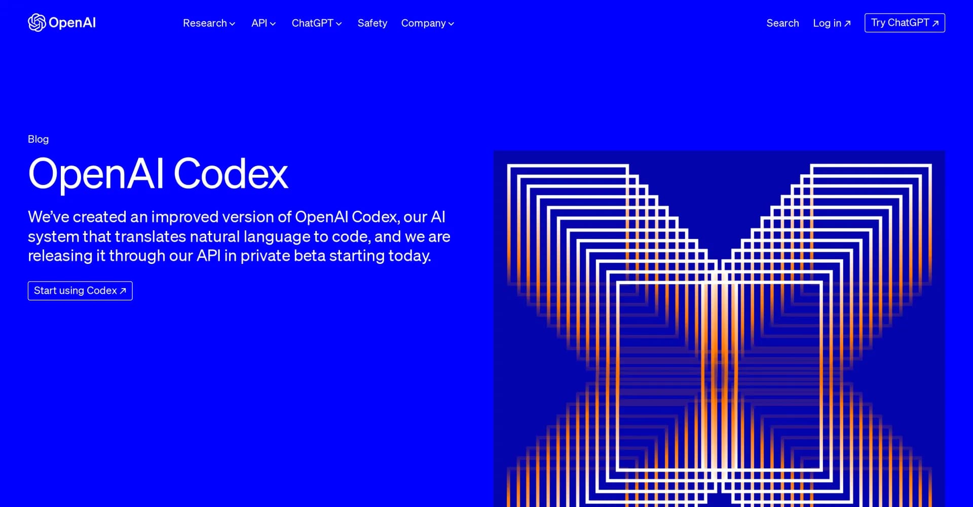 OpenAI Codex homepage screenshot — AI that turns natural language into code