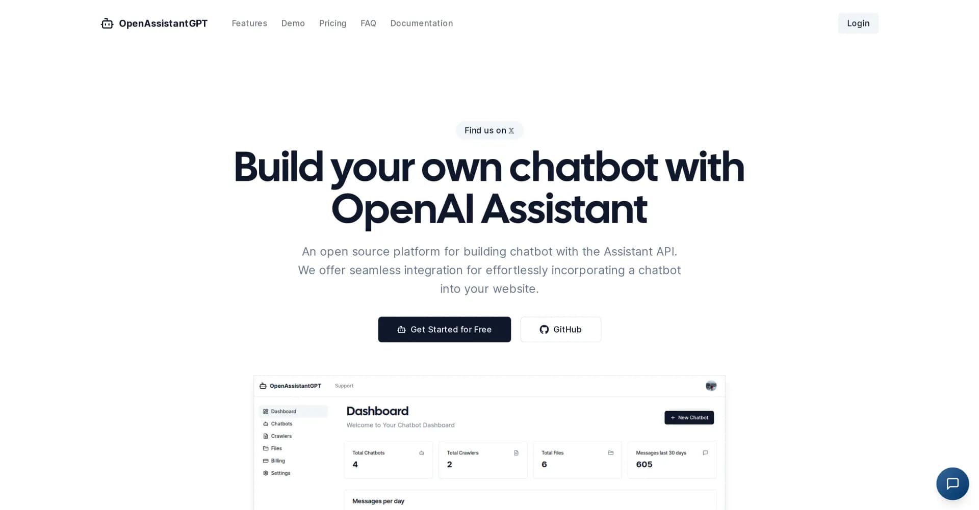OpenAssistantGPT homepage screenshot — Build chatbots with OpenAI Assistant effortlessly.