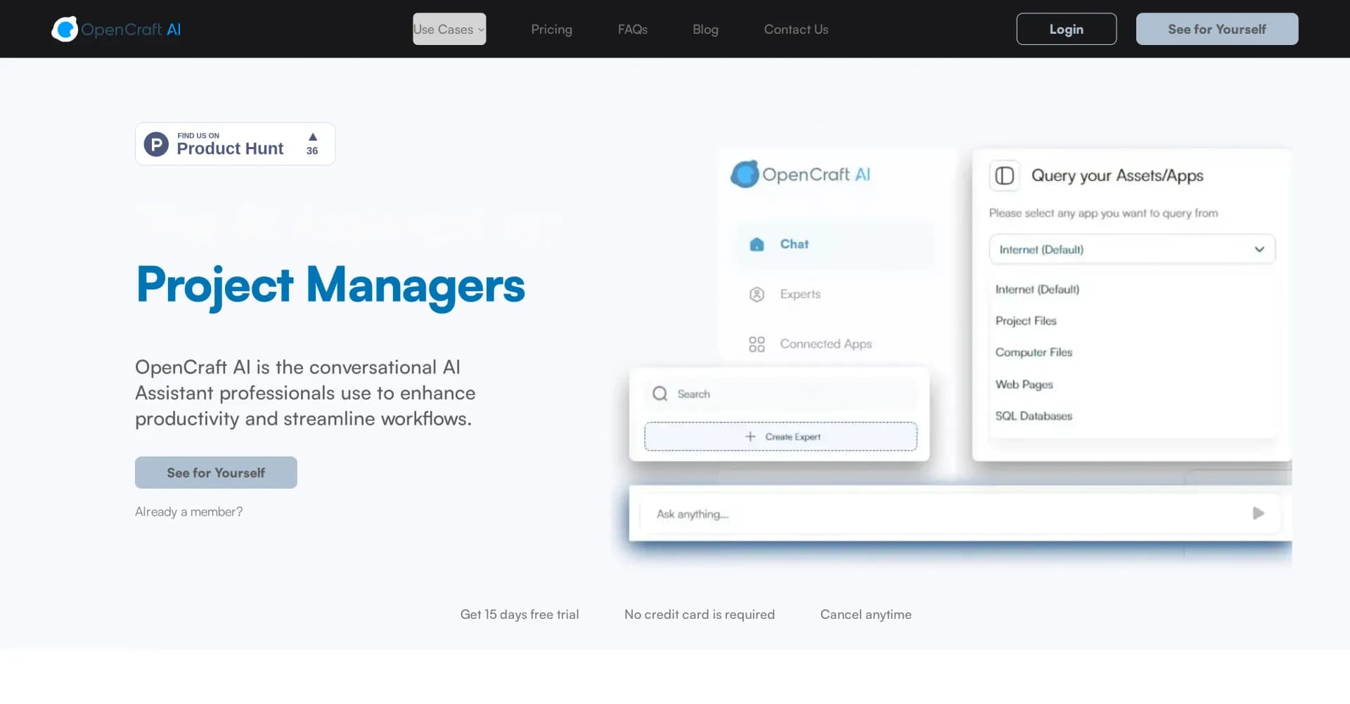 OpenCraftAI homepage screenshot — AI-powered tool for streamlined productivity