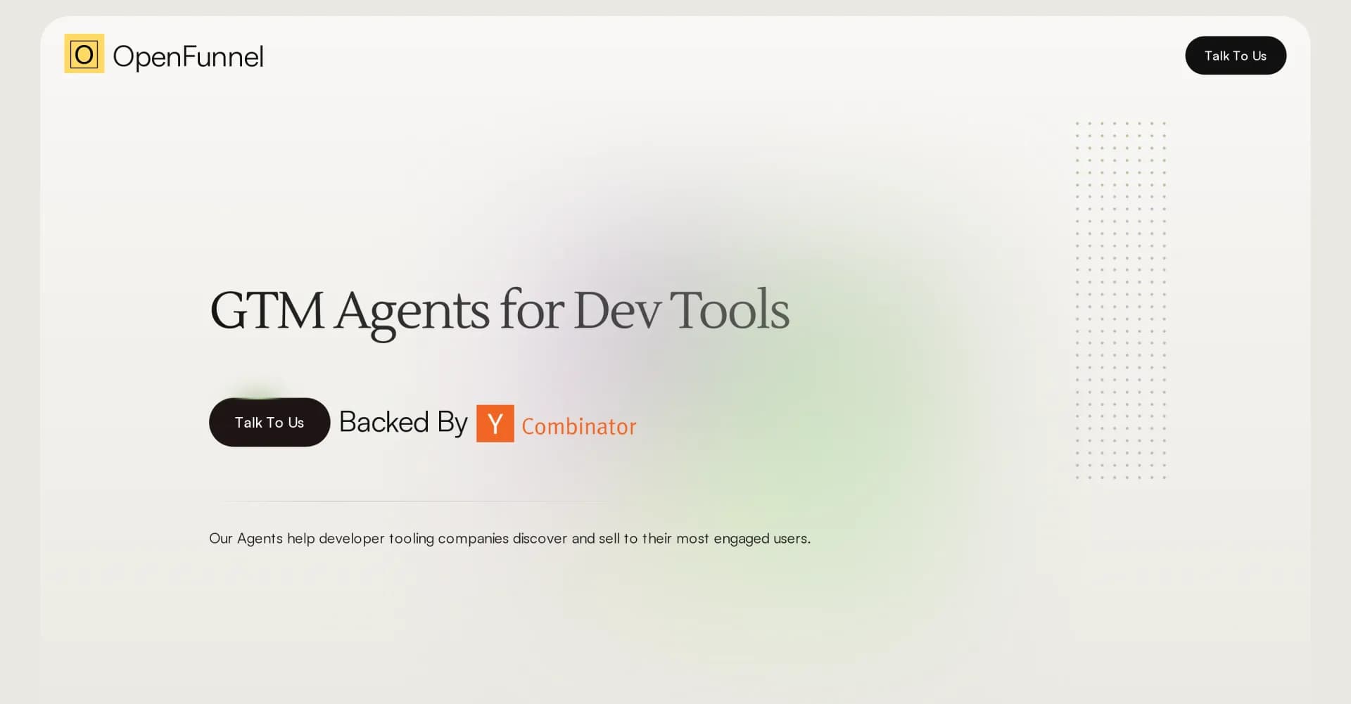 OpenFunnel homepage screenshot — Discover and sell to engaged users for dev tools.
