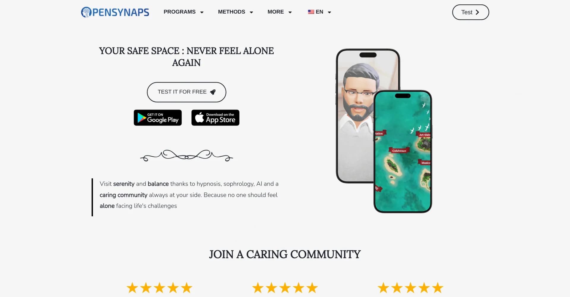 OpenSynaps homepage screenshot — AI-powered hypnosis and therapy for mental wellness